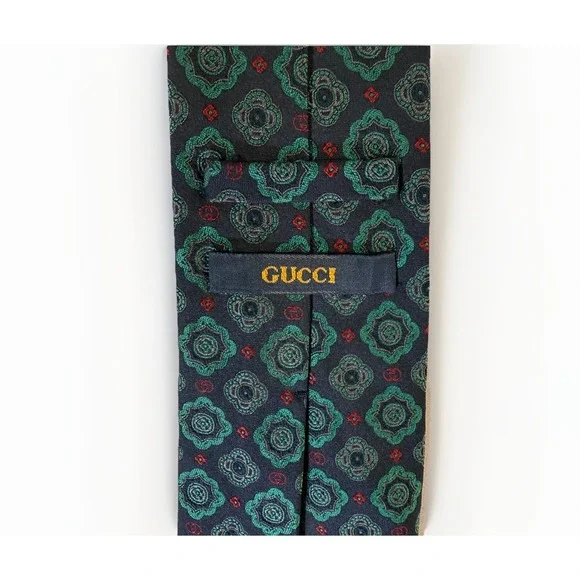 VTG GUCCI 100% Silk Tie Navy Green Medallion Print Vintage 1990s Made In Italy - Picture 7 of 14